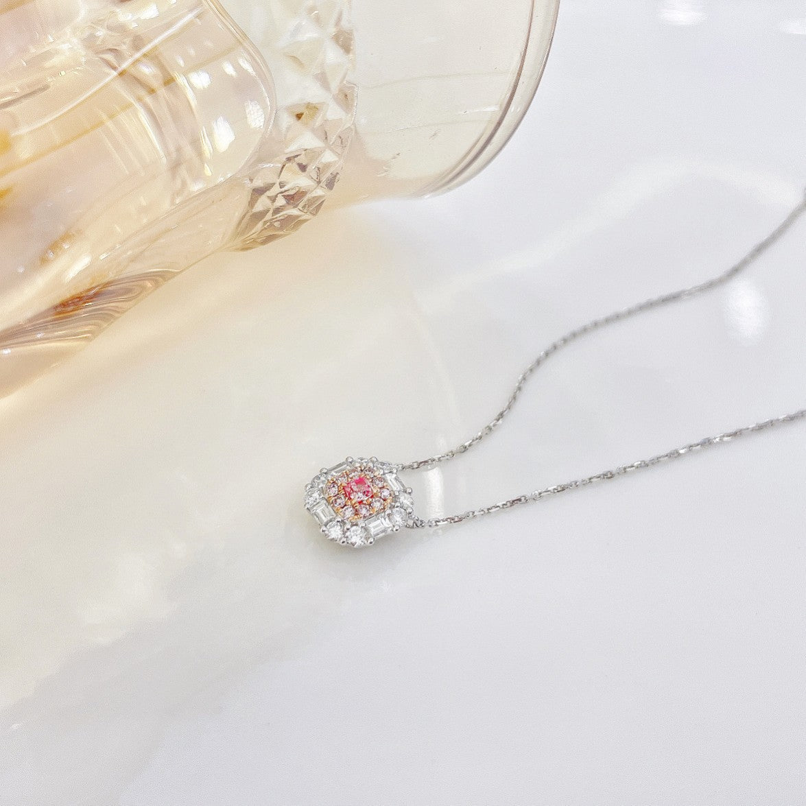 18K Pink Diamond Cushion-Cut Surround Necklace - Exquisite Jewelry - Pink Diamond Necklace