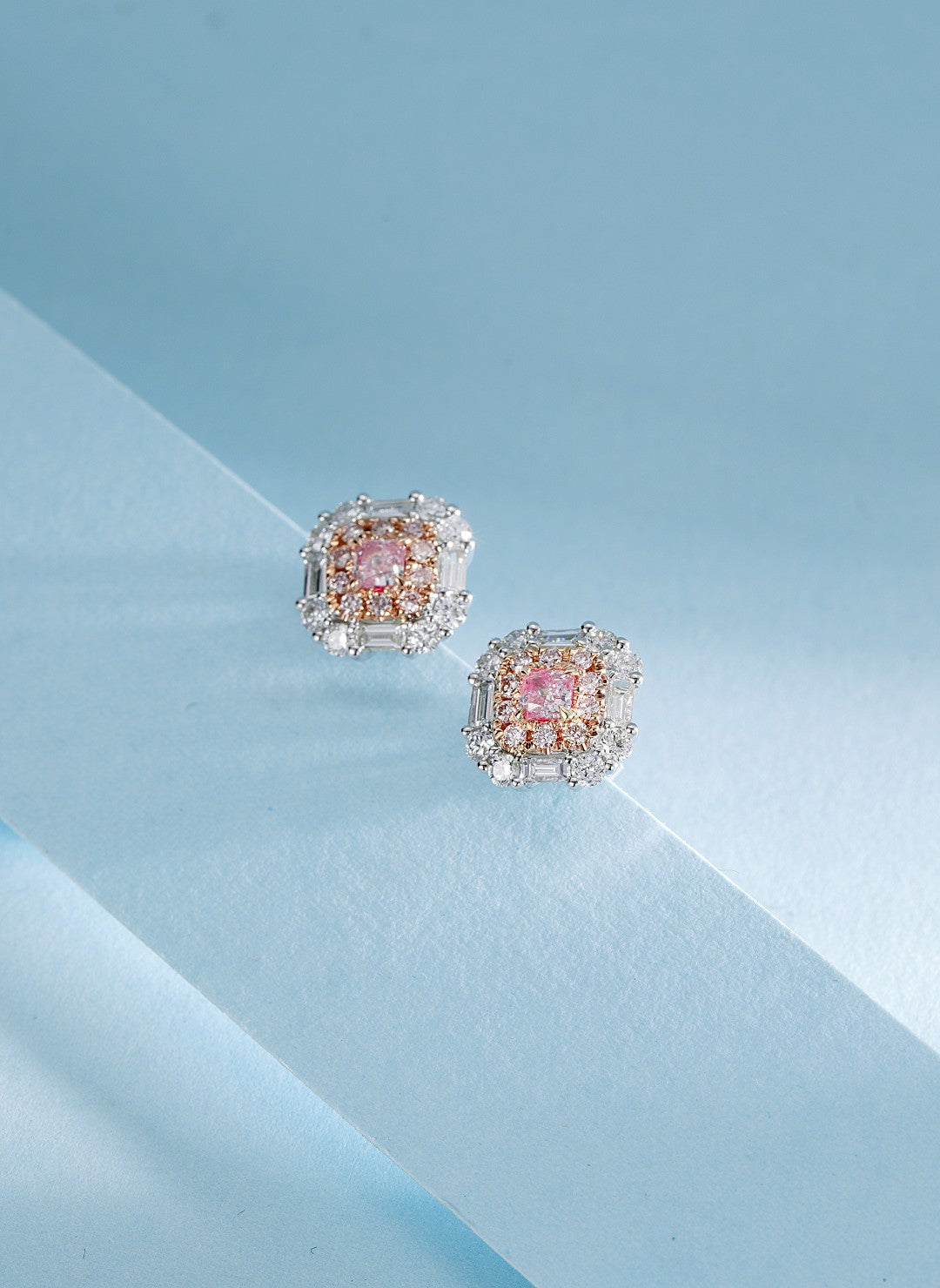 18K Pink Diamond Cushion-Cut Surrounded by Ladder Earrings - ED001-F - Jeweler.Jewelry