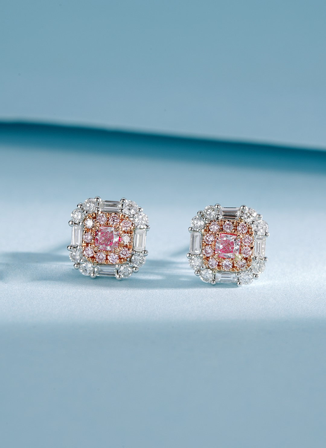 18K Pink Diamond Cushion-Cut Surrounded by Ladder Earrings - ED001-F - Jeweler.Jewelry