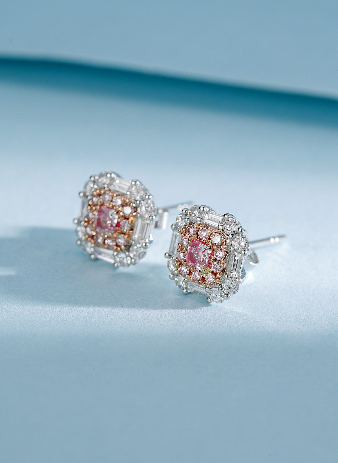 18K Pink Diamond Cushion-Cut Surrounded by Ladder Earrings - ED001-F - Jeweler.Jewelry