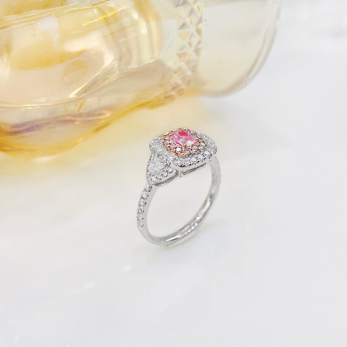 18K Pink Diamond Cushion-Cut Triangle Ring with Surrounding Diamonds | Premium Jewelry - Pink Diamond Ring