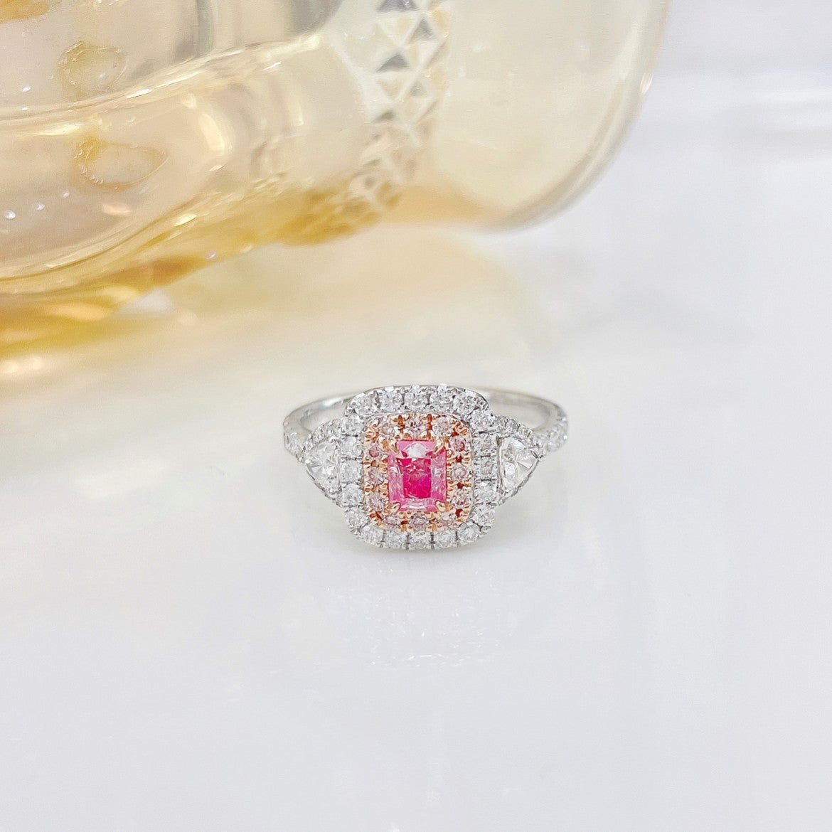 18K Pink Diamond Cushion-Cut Triangle Ring with Surrounding Diamonds | Premium Jewelry - Pink Diamond Ring