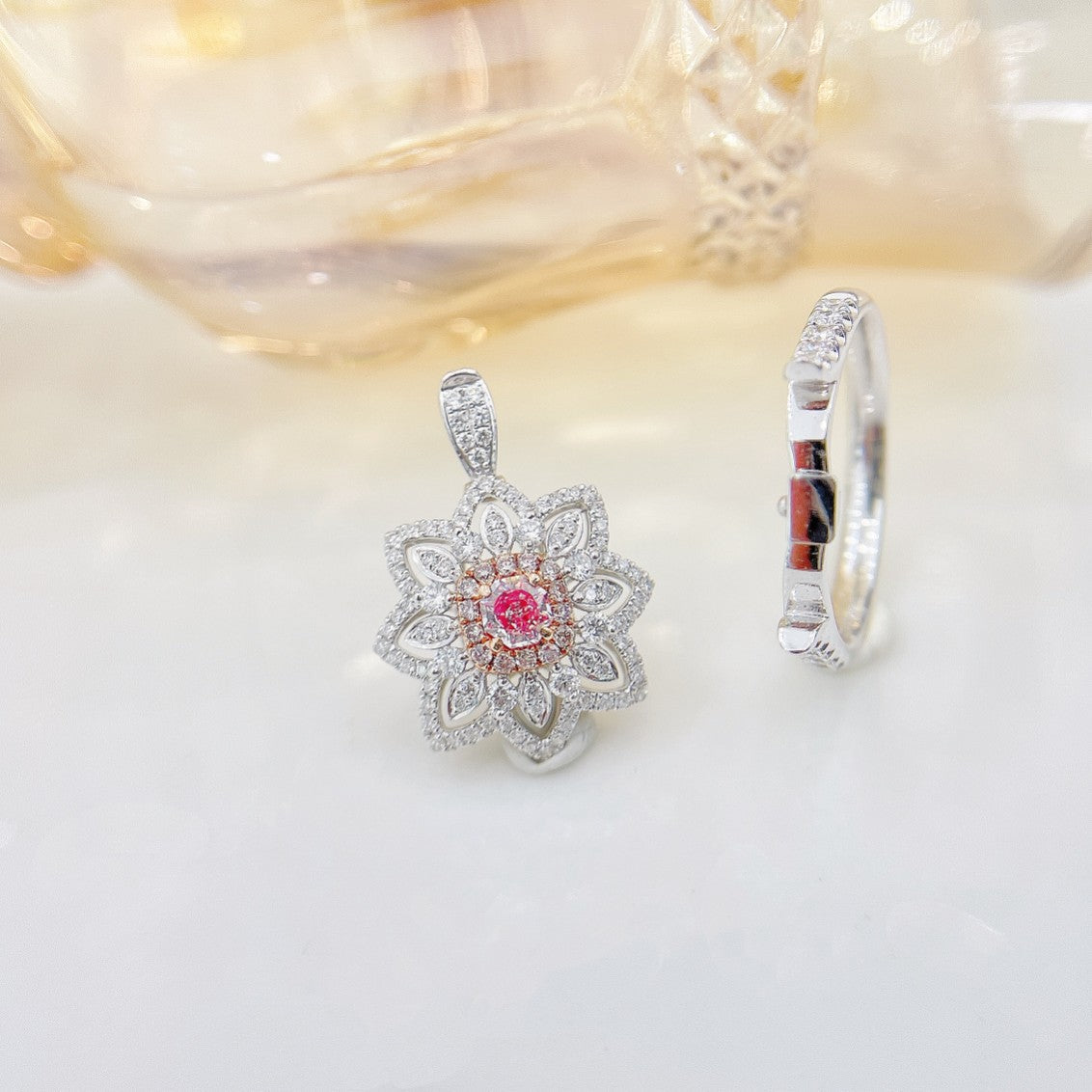 18K Pink Diamond Cushion Double-Layer Two-Way Wear Ring | Premium Jewelry - Pink Diamond Ring