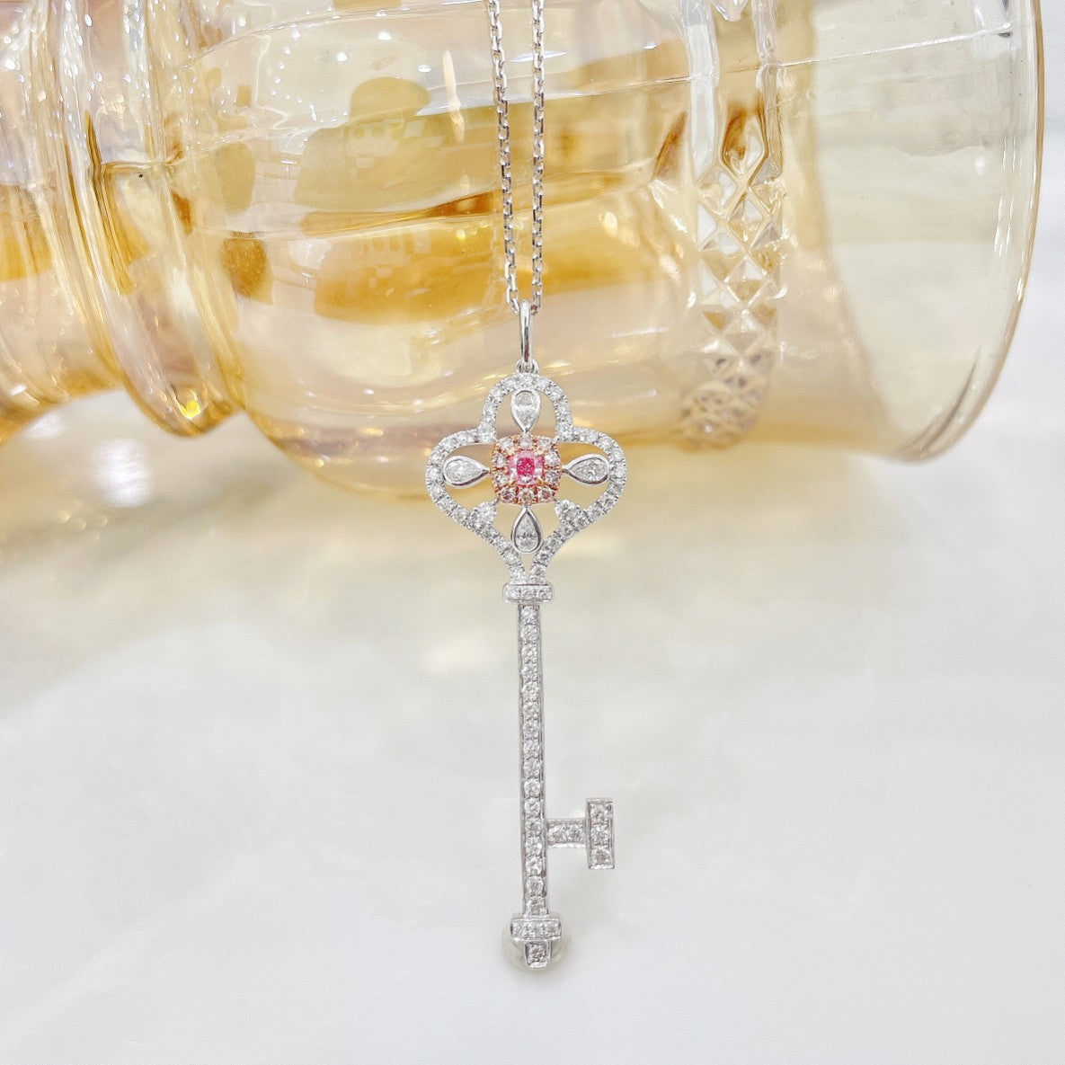 18K Pink Diamond Cushion Drop Key Pendant Jewelry - Pink Diamond Necklace