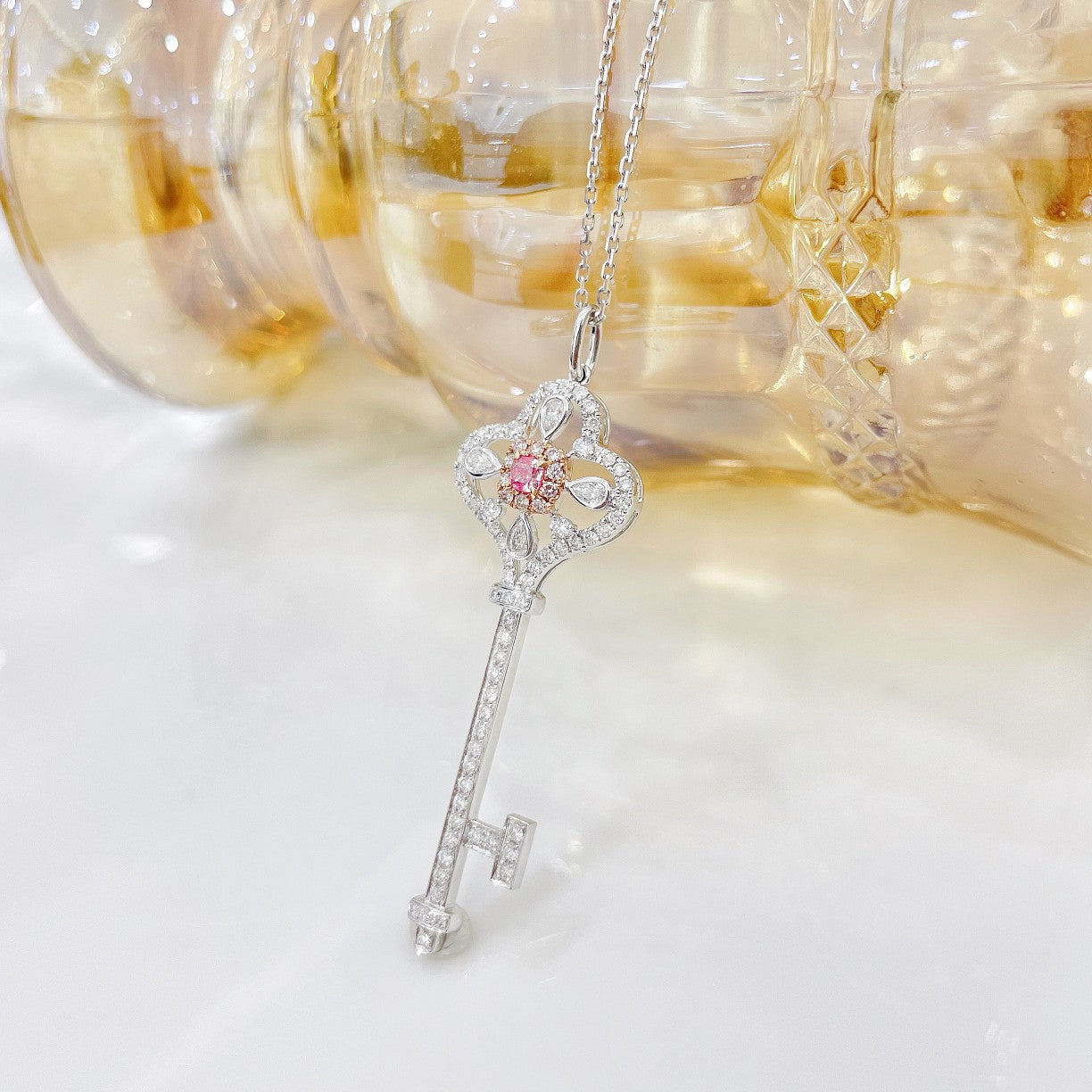 18K Pink Diamond Cushion Drop Key Pendant Jewelry - Pink Diamond Necklace