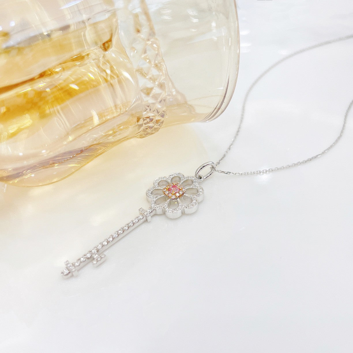 18K Pink Diamond Cushion Flower Key Pendant Necklace - Jewelry Gem - Pink Diamond Necklace