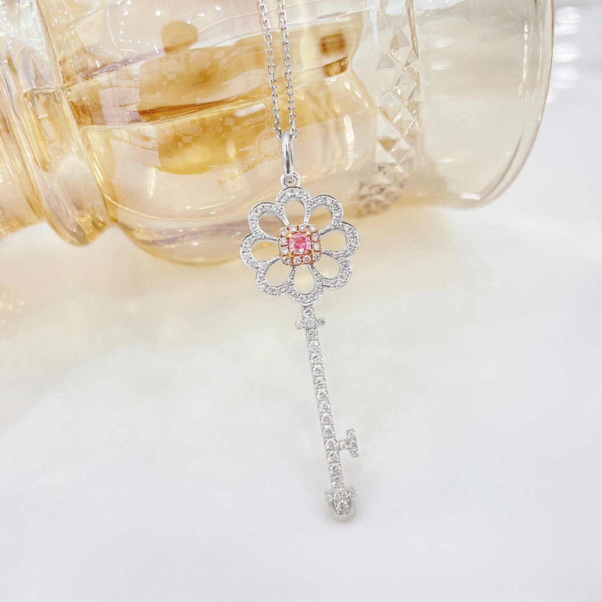 18K Pink Diamond Cushion Flower Key Pendant Necklace - Jewelry Gem - Pink Diamond Necklace