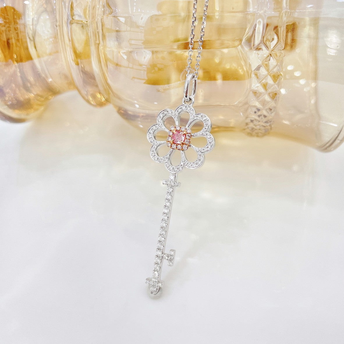 18K Pink Diamond Cushion Flower Key Pendant Necklace - Jewelry Gem - Pink Diamond Necklace