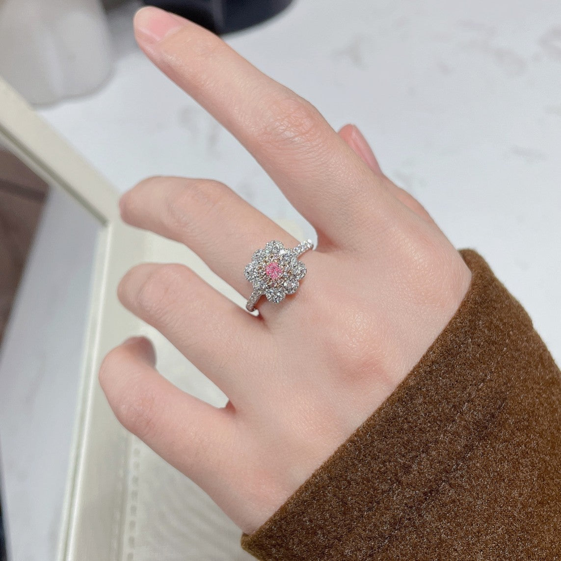 18K Pink Diamond Cushion Flower Ring - Luxury Jewelry - Pink Diamond Ring