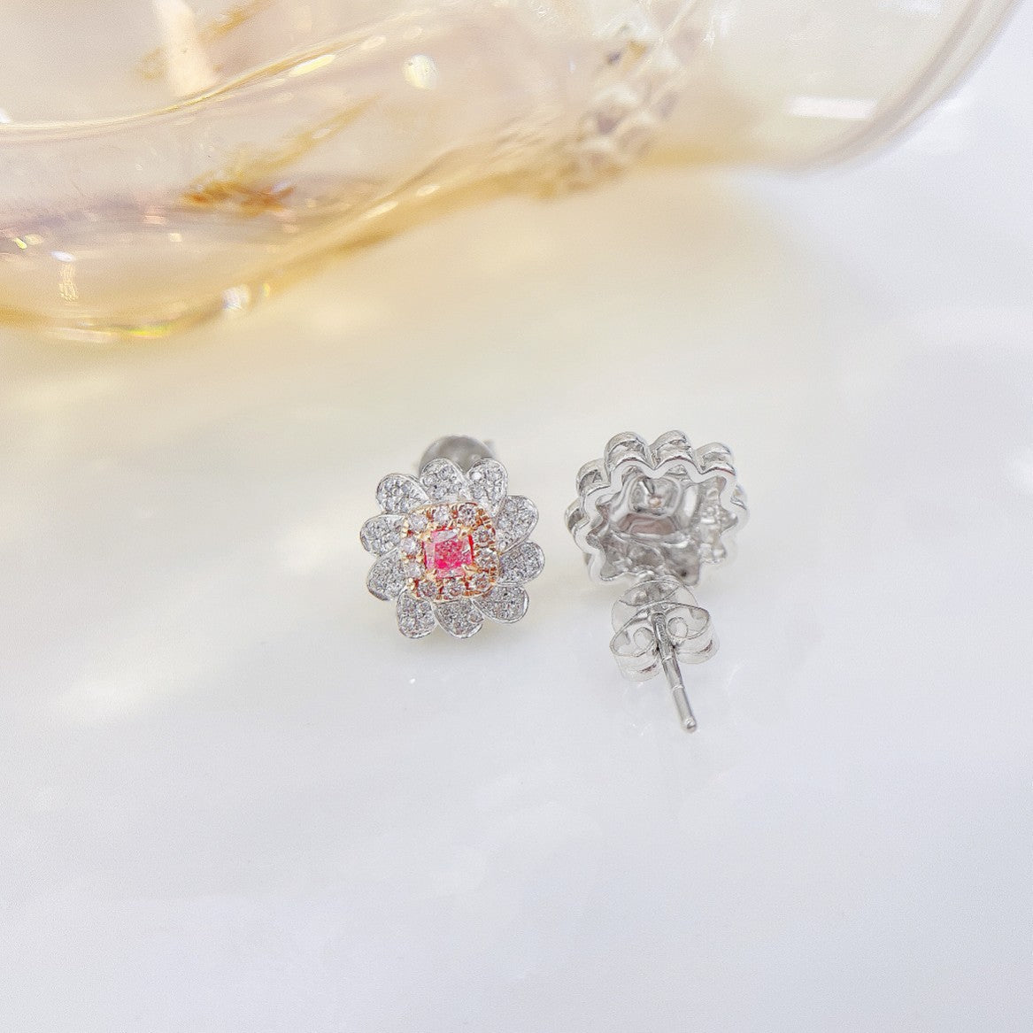 18K Pink Diamond Cushion Flower Stud Earrings - Jeweler.Jewelry