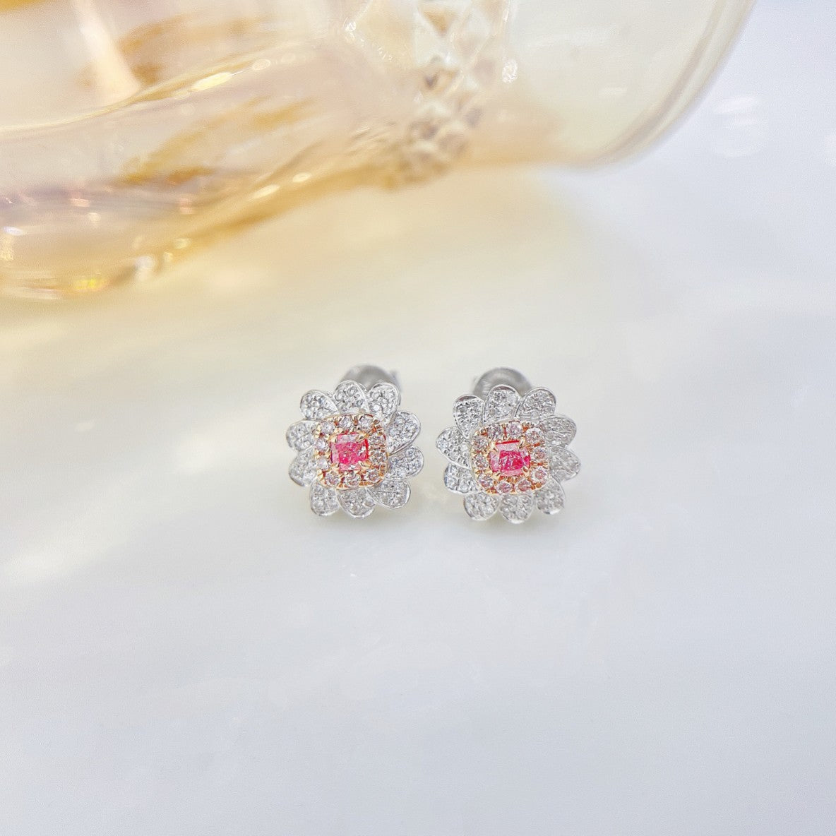 18K Pink Diamond Cushion Flower Stud Earrings - Jeweler.Jewelry