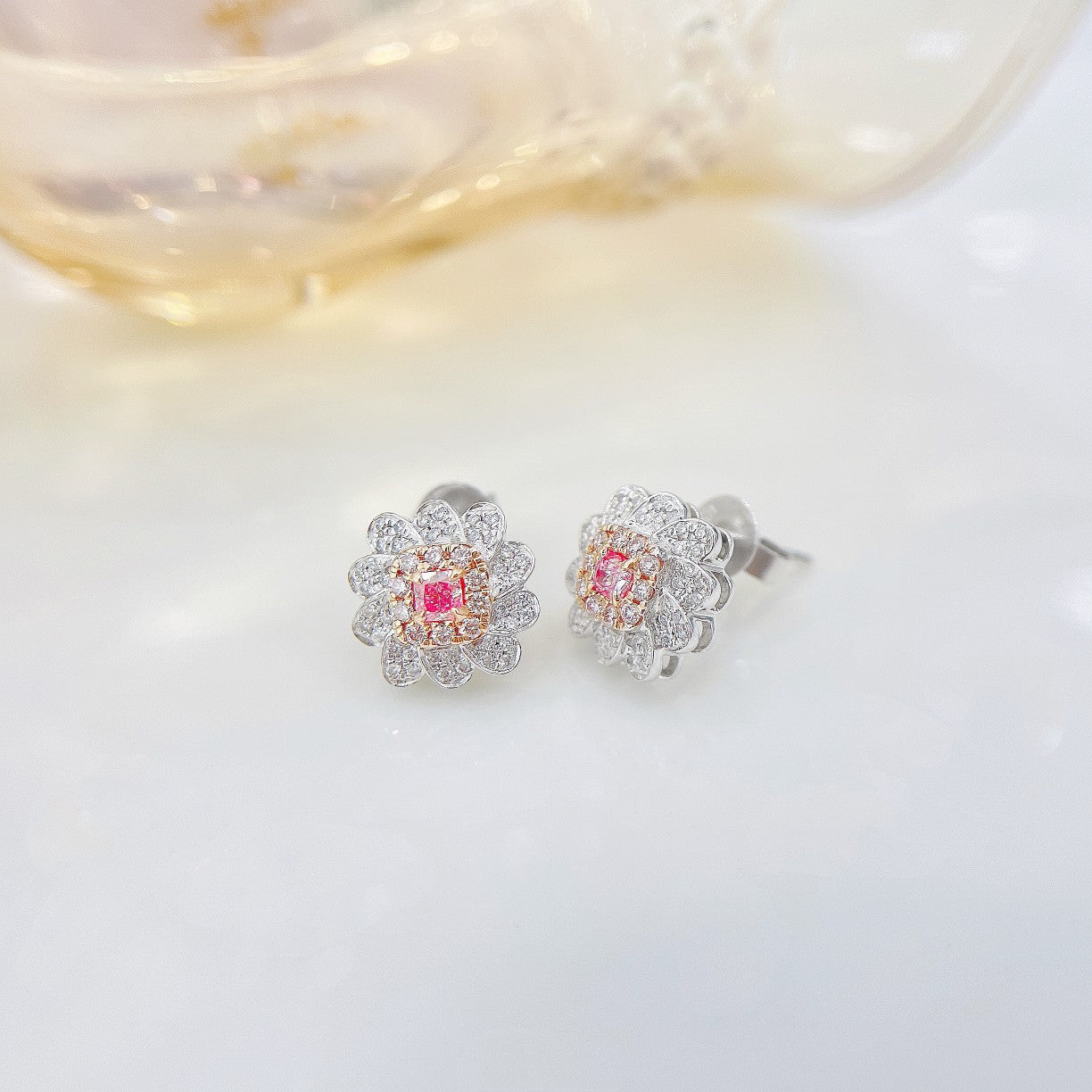 18K Pink Diamond Cushion Flower Stud Earrings - Jeweler.Jewelry