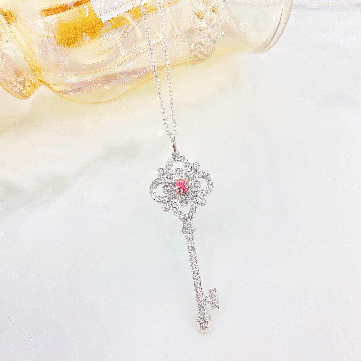 18K Pink Diamond Cushion Four-Leaf Clover Key Pendant Jewelry - Pink Diamond Necklace