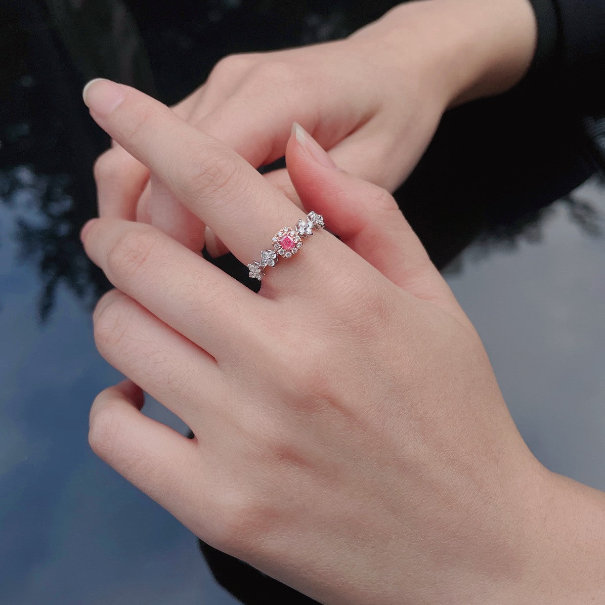 18K Pink Diamond Cushion Four-Leaf Ring - Luxury Jewelry - Pink Diamond Ring