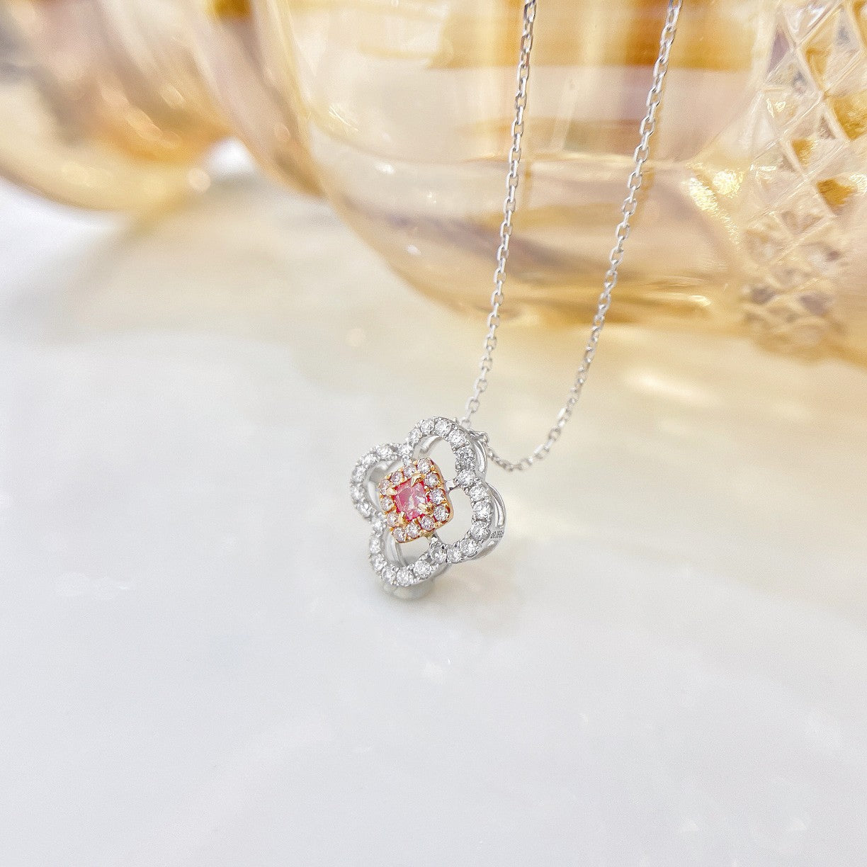 18K Pink Diamond Cushion Four-Petal Flower Necklace | Luxury Jewelry - Pink Diamond Necklace