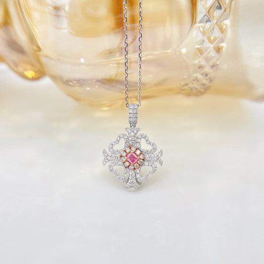 18K Pink Diamond Cushion Halo Necklace - Exquisite Jewelry - Pink Diamond Necklace