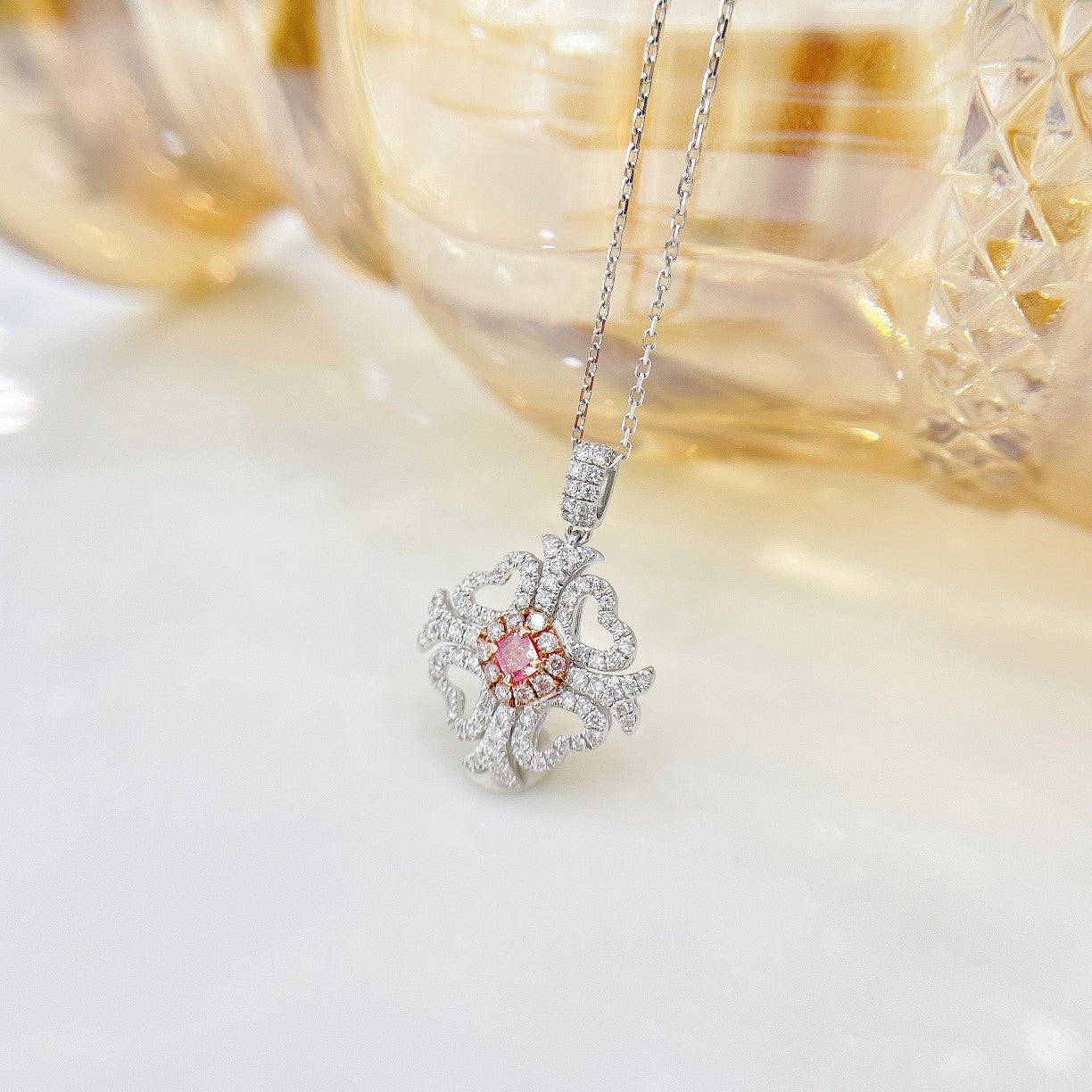 18K Pink Diamond Cushion Halo Necklace - Exquisite Jewelry - Pink Diamond Necklace