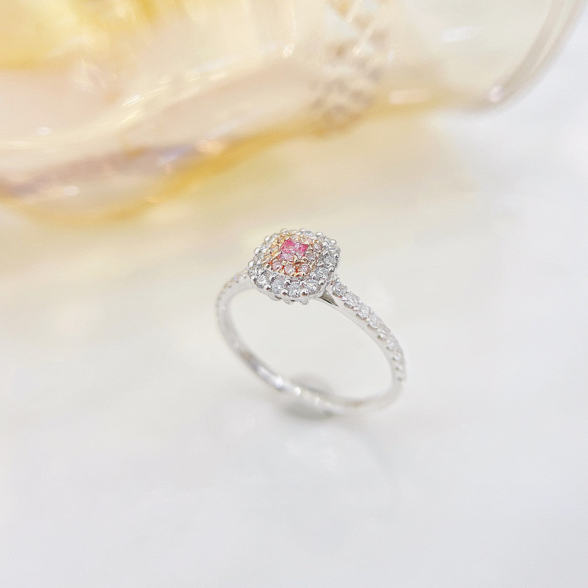 18K Pink Diamond Cushion Halo Ring - Exquisite Jewelry - Pink Diamond Ring