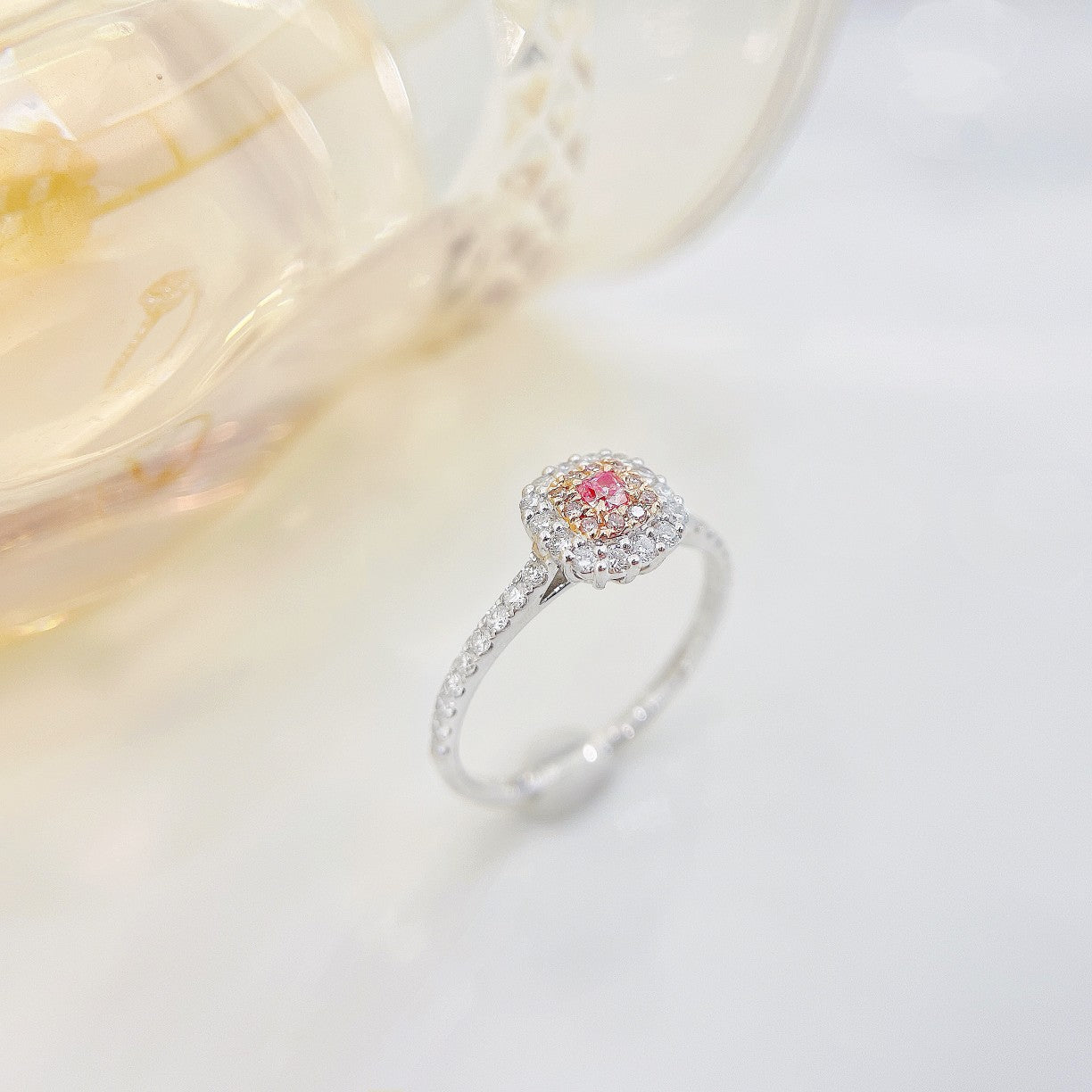 18K Pink Diamond Cushion Halo Ring - Exquisite Jewelry - Pink Diamond Ring