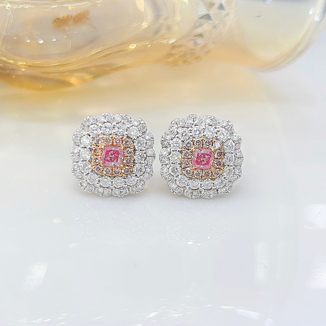 18K Pink Diamond Cushion Halo Stud Earrings - Jeweler.Jewelry