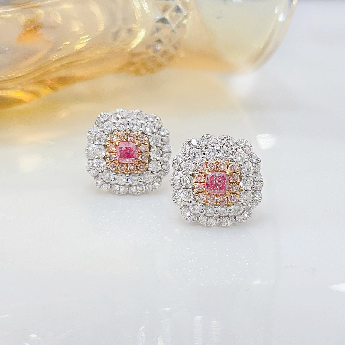 18K Pink Diamond Cushion Halo Stud Earrings - Jeweler.Jewelry