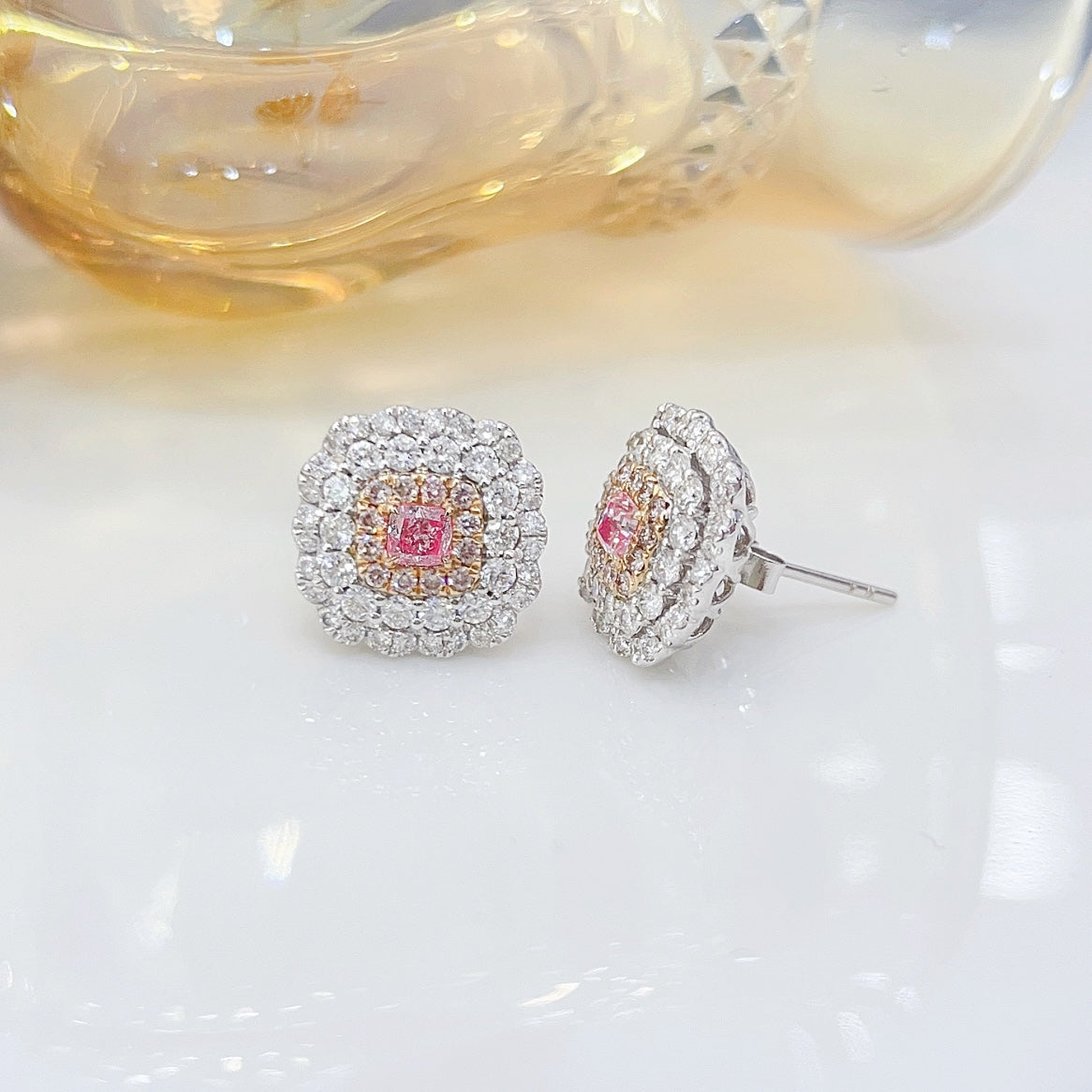 18K Pink Diamond Cushion Halo Stud Earrings - Jeweler.Jewelry