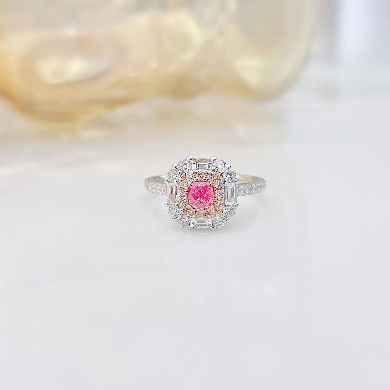 18K Pink Diamond Cushion Halo T Ring - Exquisite Jewelry - Pink Diamond Ring