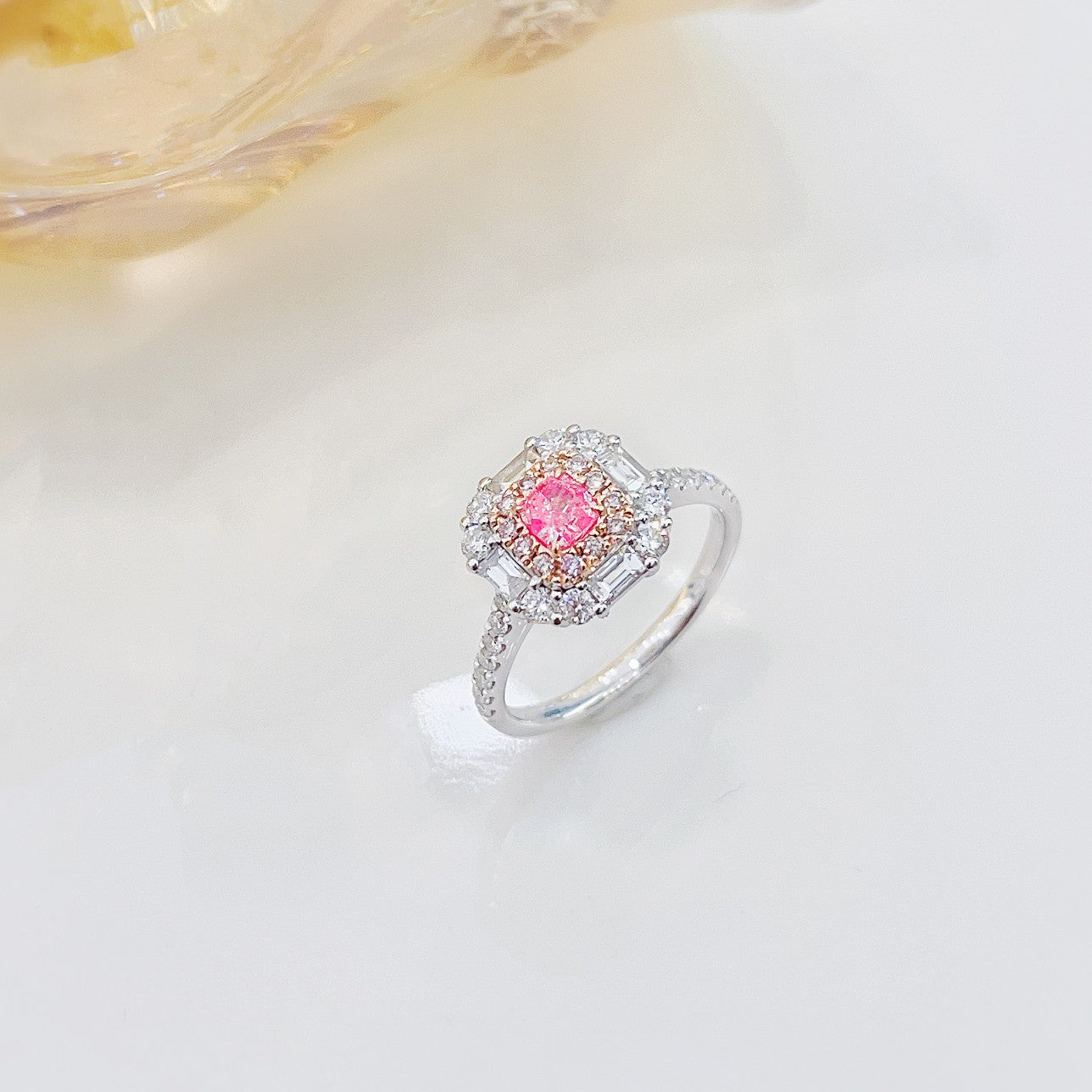 18K Pink Diamond Cushion Halo T Ring - Exquisite Jewelry - Pink Diamond Ring