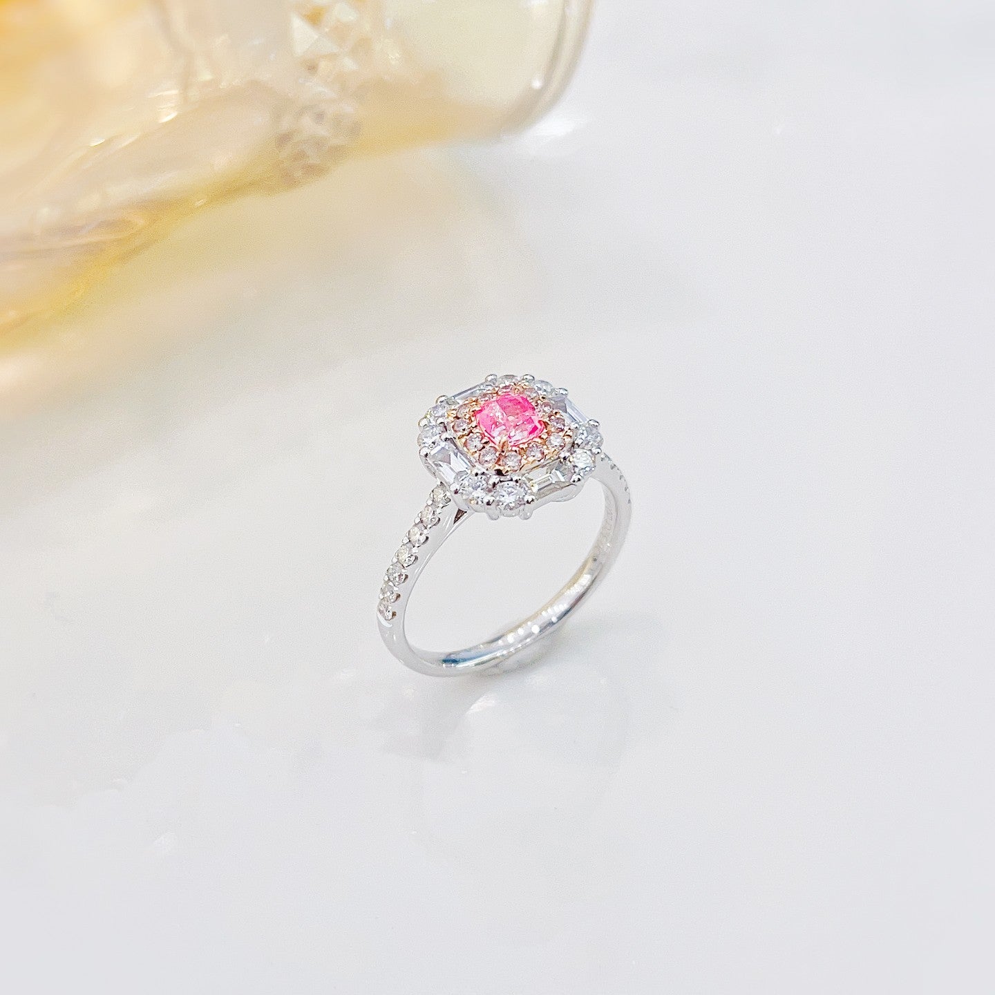 18K Pink Diamond Cushion Halo T Ring - Exquisite Jewelry - Pink Diamond Ring