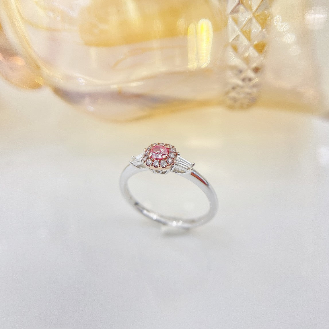 18K Pink Diamond Cushion Halo T Ring - Luxury Jewelry - Pink Diamond Ring