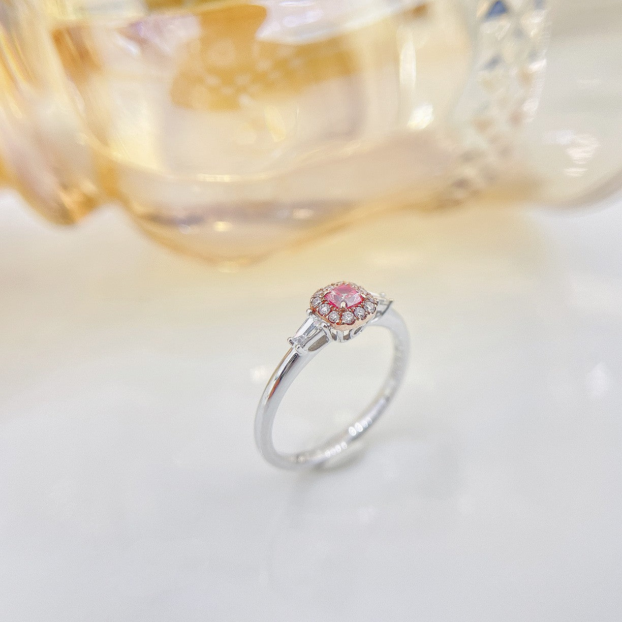 18K Pink Diamond Cushion Halo T Ring - Luxury Jewelry - Pink Diamond Ring