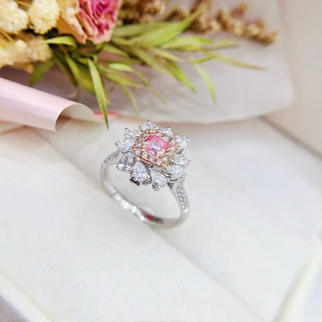 18K Pink Diamond Cushion Halo Two-Way Wear Jewelry - Pink Diamond Ring