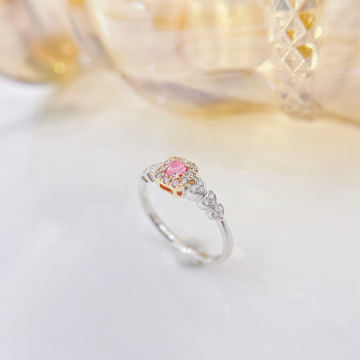 18K Pink Diamond Cushion Heart-Shaped Double-Arm Ring | Premium Jewelry - Pink Diamond Ring