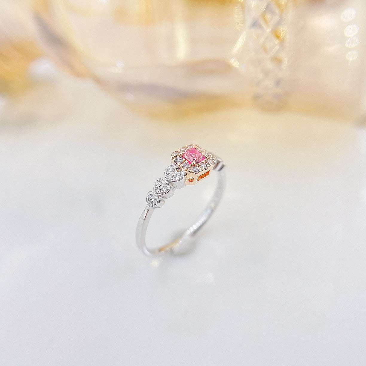 18K Pink Diamond Cushion Heart-Shaped Double-Arm Ring | Premium Jewelry - Pink Diamond Ring