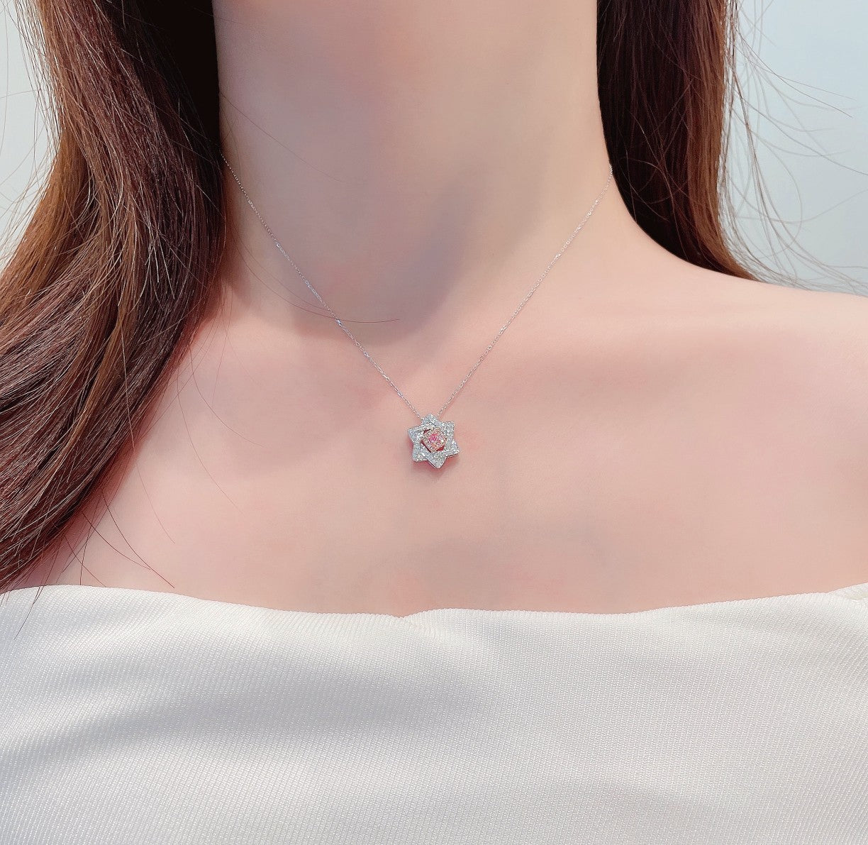 18K Pink Diamond Cushion Hexagon Star Necklace - Exclusive Jewelry - Pink Diamond Necklace