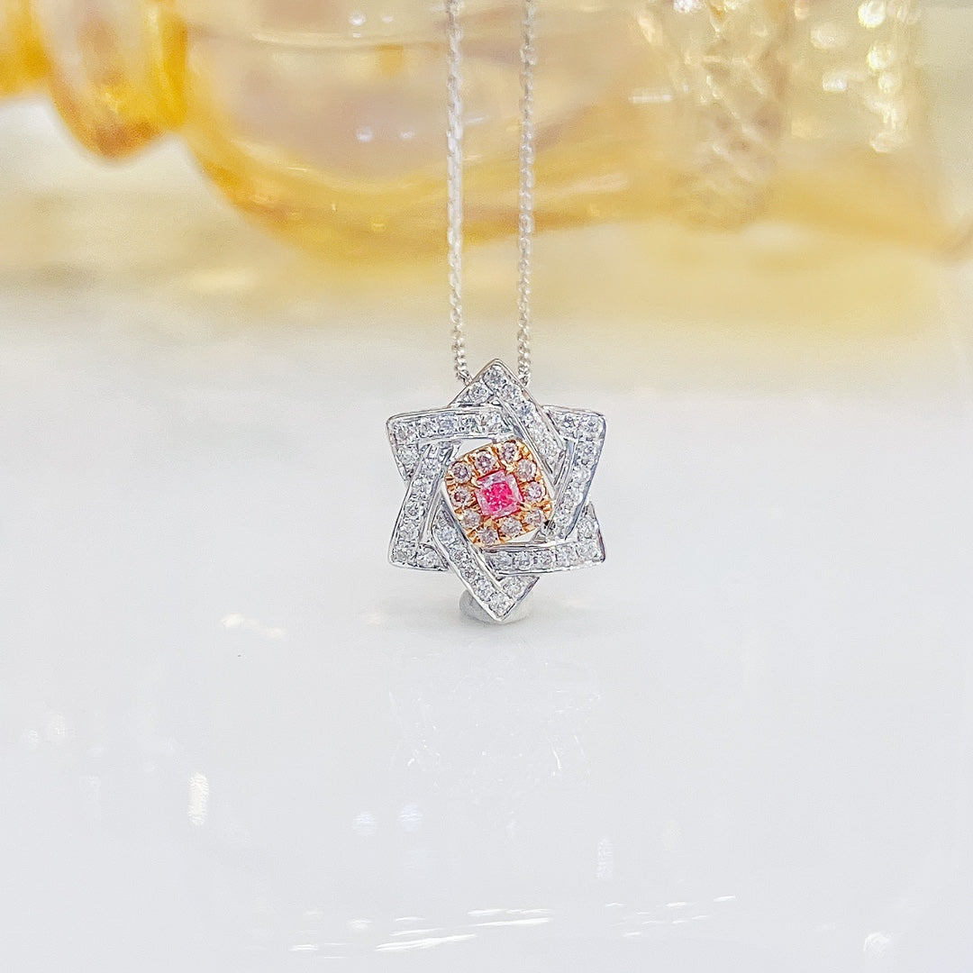 18K Pink Diamond Cushion Hexagon Star Necklace - Exclusive Jewelry - Pink Diamond Necklace