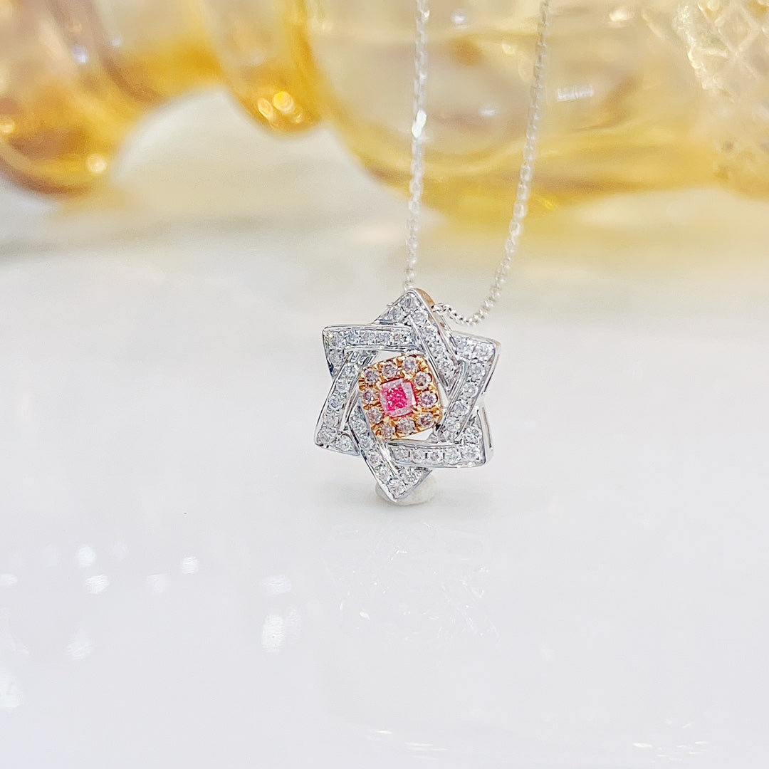 18K Pink Diamond Cushion Hexagon Star Necklace - Exclusive Jewelry - Pink Diamond Necklace