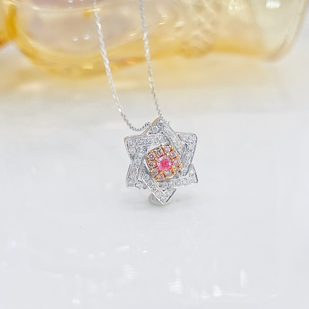 18K Pink Diamond Cushion Hexagon Star Necklace - Exclusive Jewelry - Pink Diamond Necklace