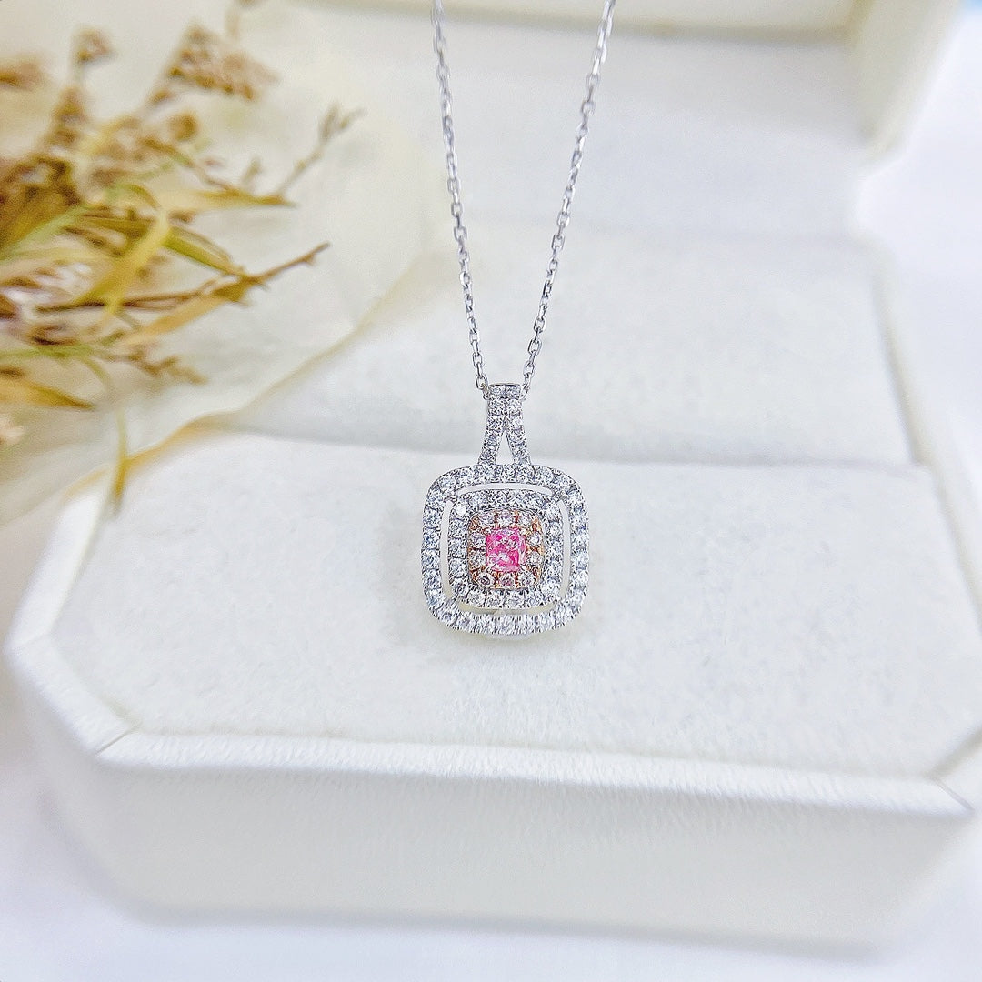 18K Pink Diamond Cushion Hollow Necklace - Exquisite Jewelry - Pink Diamond Necklace