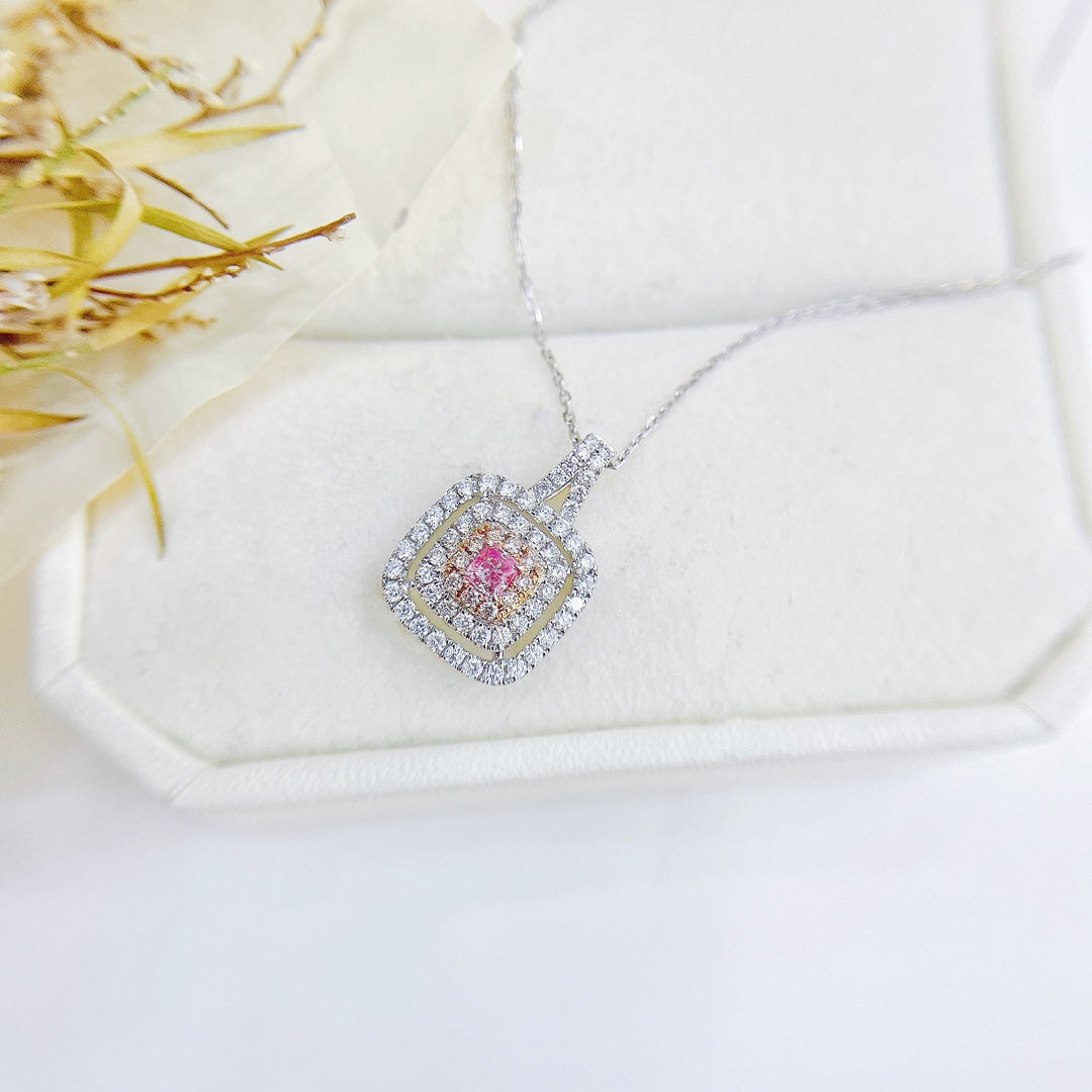 18K Pink Diamond Cushion Hollow Necklace - Exquisite Jewelry - Pink Diamond Necklace