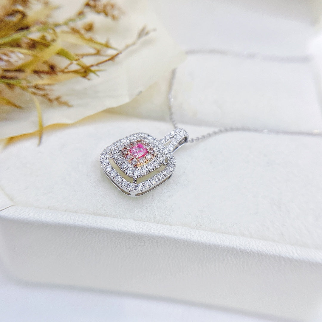 18K Pink Diamond Cushion Hollow Necklace - Exquisite Jewelry - Pink Diamond Necklace