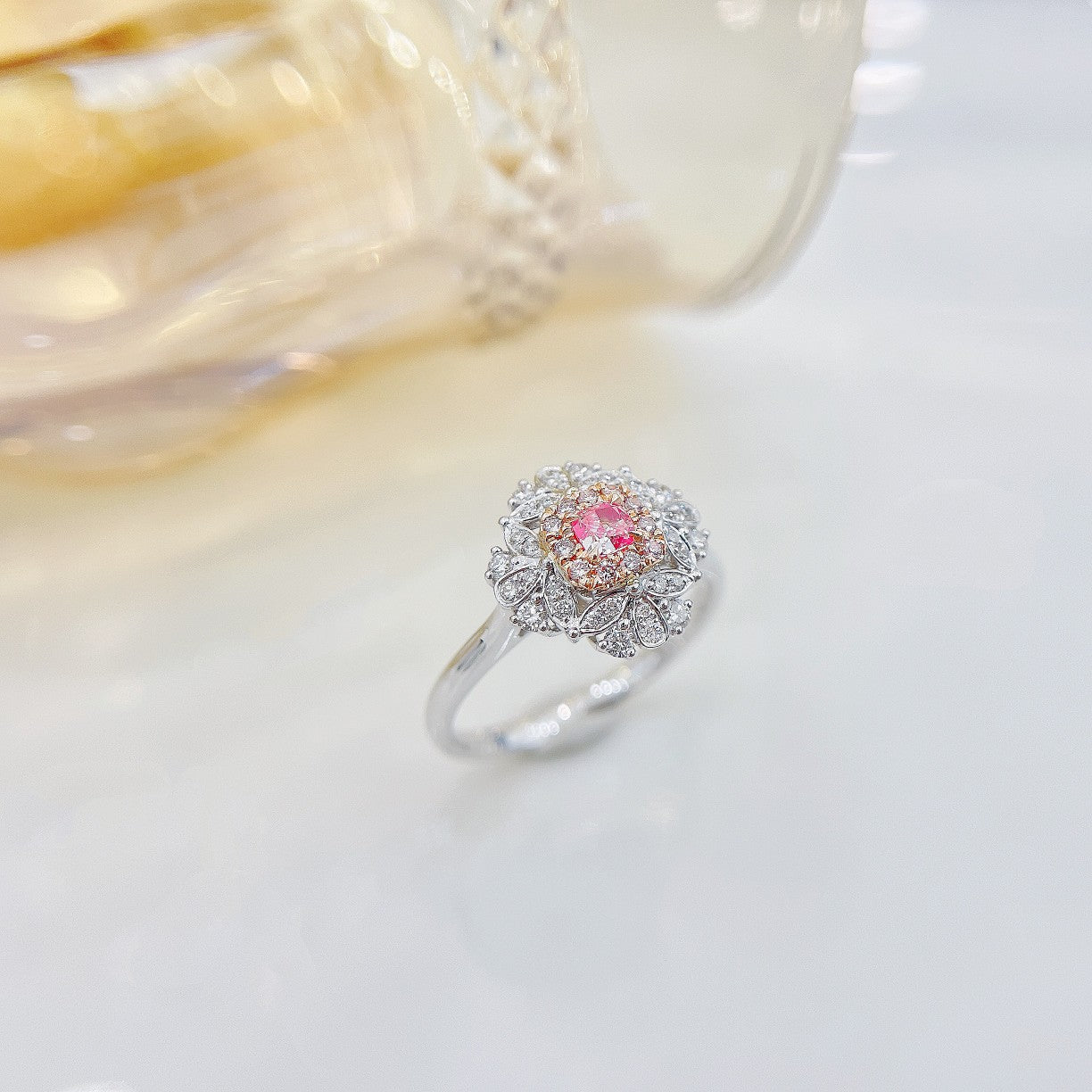 18K Pink Diamond Cushion Lace Shamrock Ring - Luxurious Jewelry - Pink Diamond Ring