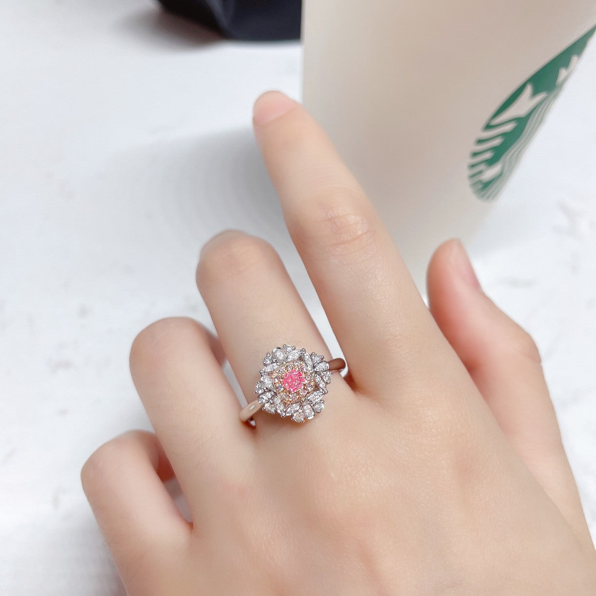 18K Pink Diamond Cushion Lace Shamrock Ring - Luxurious Jewelry - Pink Diamond Ring