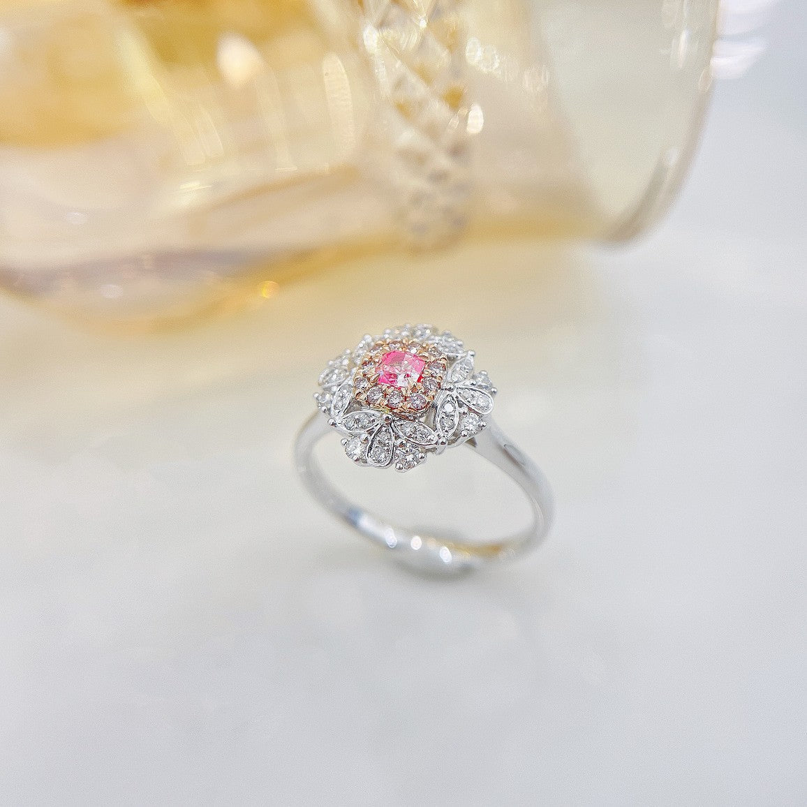 18K Pink Diamond Cushion Lace Shamrock Ring - Luxurious Jewelry - Pink Diamond Ring