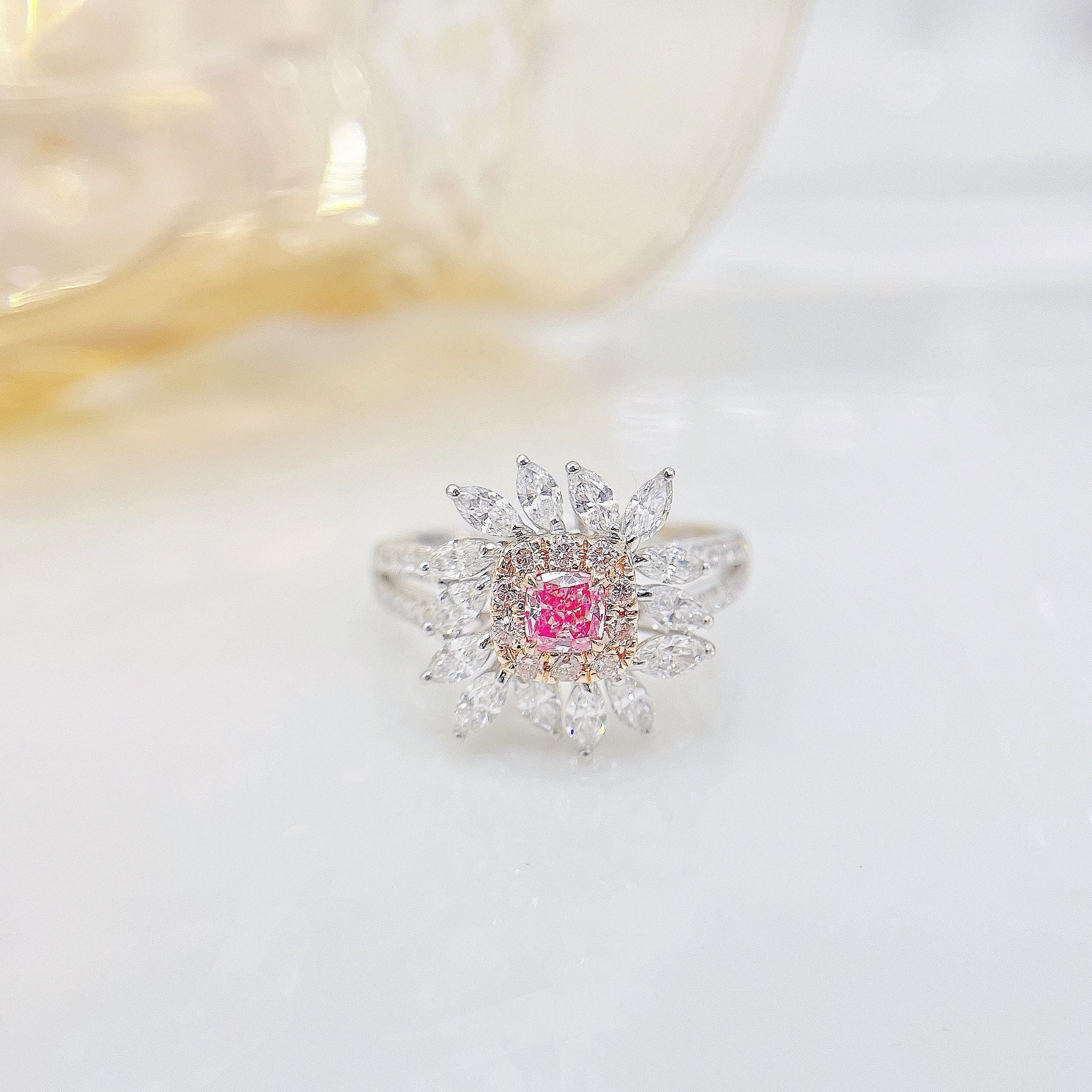 18K Pink Diamond Cushion Marquise Double-Arm Ring - Premium Jewelry - Pink Diamond Ring