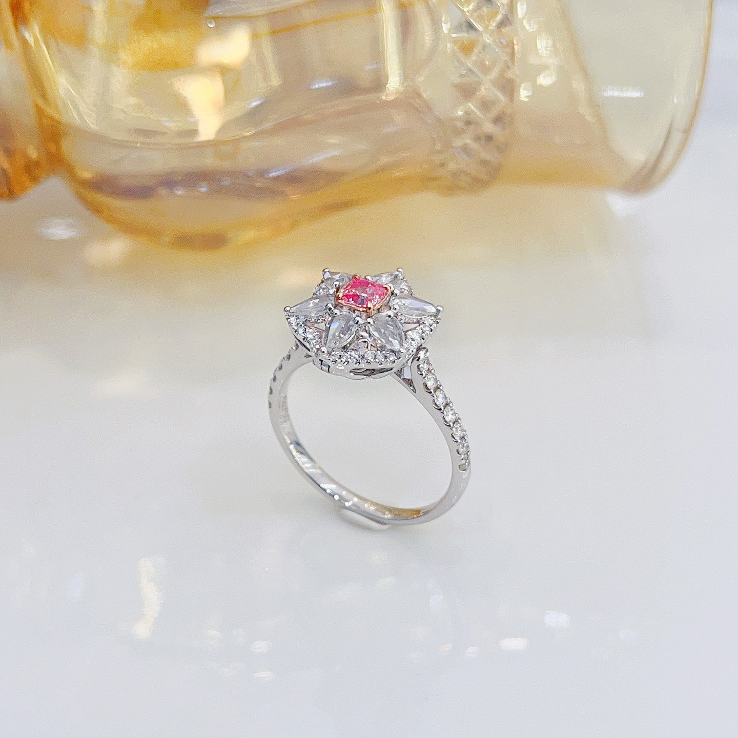 18K Pink Diamond Cushion Petal Two-Way Wear Ring | Premium Jewelry - Pink Diamond Ring