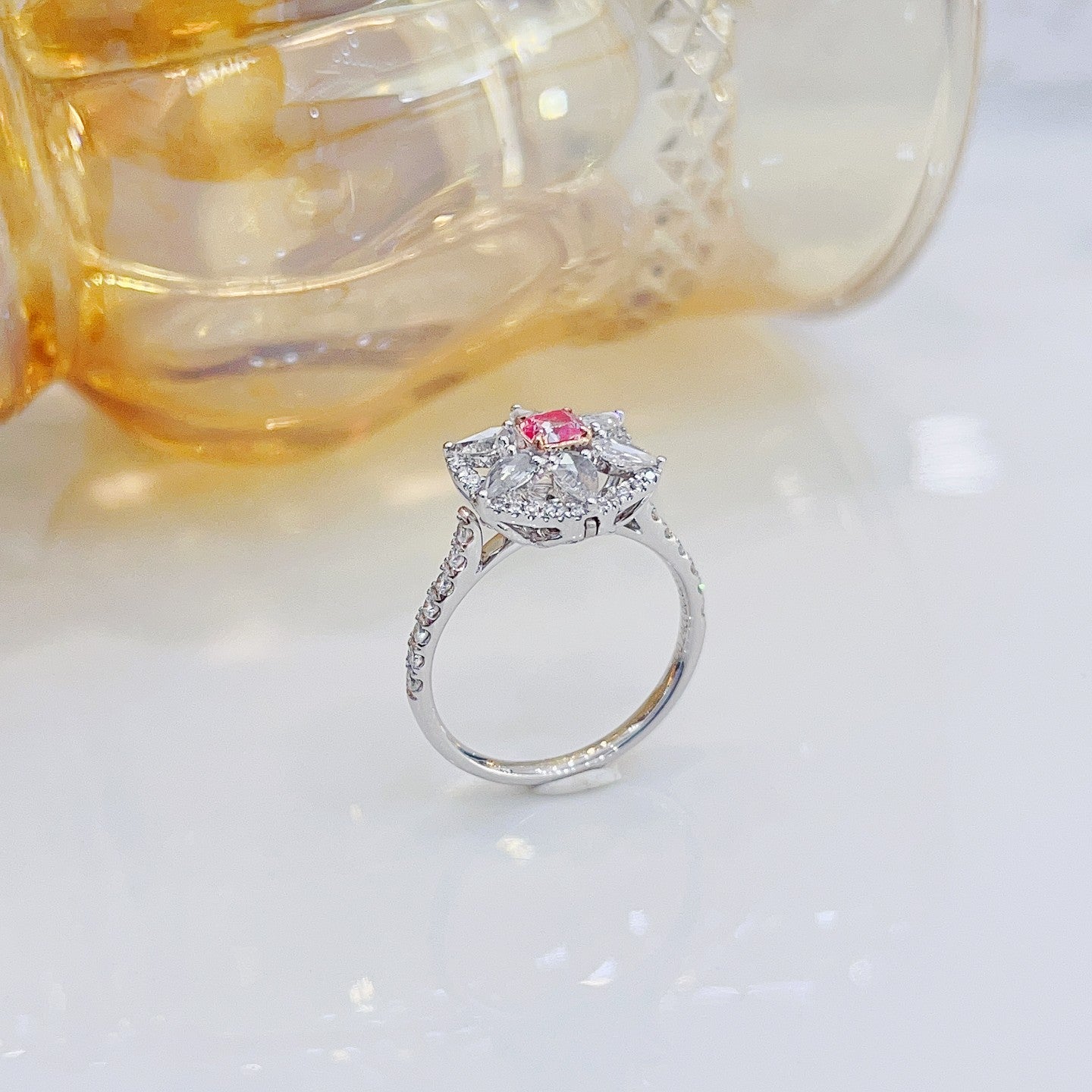 18K Pink Diamond Cushion Petal Two-Way Wear Ring | Premium Jewelry - Pink Diamond Ring