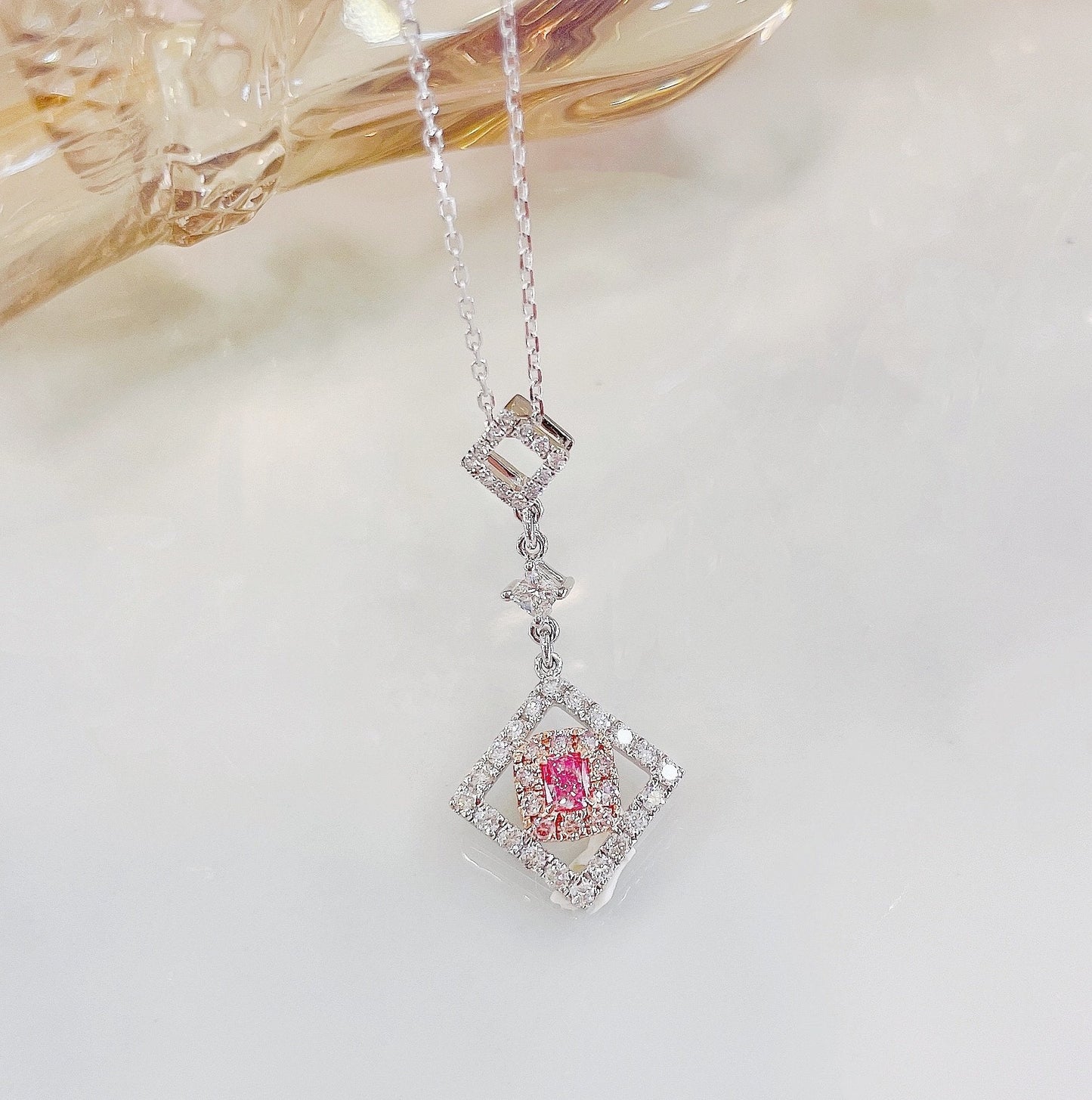 18K Pink Diamond Cushion Princess Cut Necklace - XL036-F - Pink Diamond Necklace