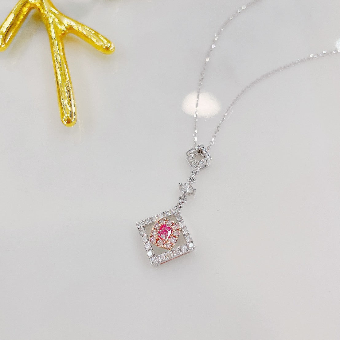 18K Pink Diamond Cushion Princess Cut Necklace - XL036-F - Pink Diamond Necklace