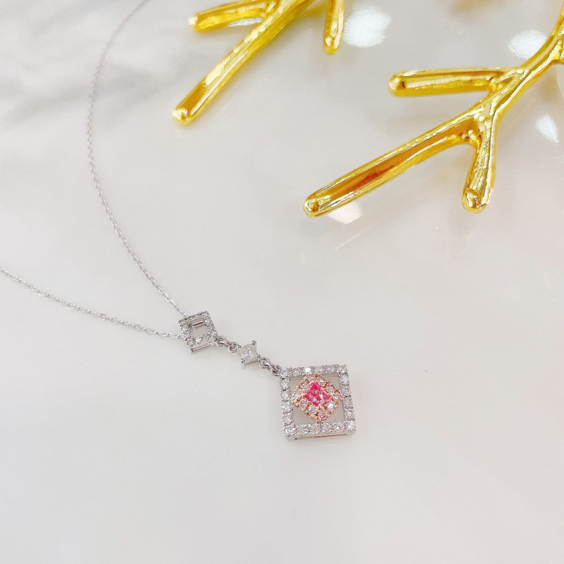 18K Pink Diamond Cushion Princess Cut Necklace - XL036-F - Pink Diamond Necklace